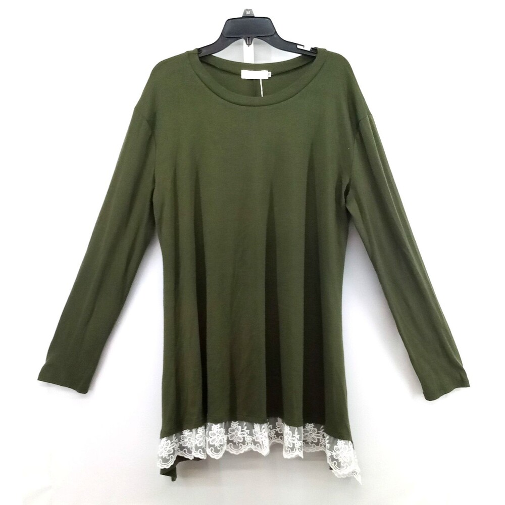 Wekili Shirt Women Size 2XL Green Long Sleeve Round Neck Lace Trim Hem Top NWT